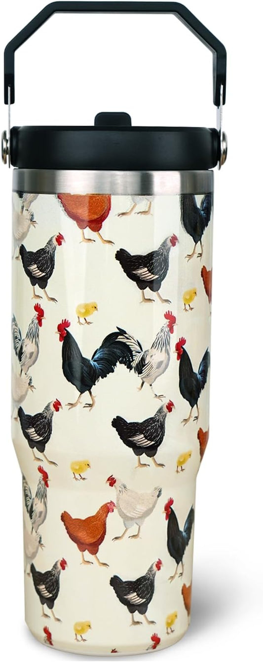 30oz Chicken Tumbler with Handle and Straw, Stainless Steel Vacuum Insulated Flip Straw 30 oz Coffee Rooster Tumbler, Spill Proof Travel Mug, Chicken Decor Gifts for Women