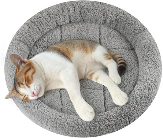 Enjoying Small Cat Bed Mat, 13.78" Round, Self Warming Cat Bed with Pillow Around, Dog Kitty Curling Sleep Cushion, Soft Cat Pad for Carrier/Crate, Rabbit Warm Bed, Antiskid Bottom, Small