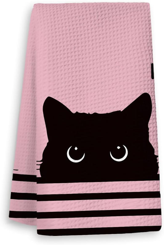 Black Cat Waffle Kitchen Towels, Gifts for Cat Lovers Moms Dish Tea Towels for Kitchen, Decorative Hand Towels for Bathroom Guest Room Decor, 16x24 Inch (Pink)