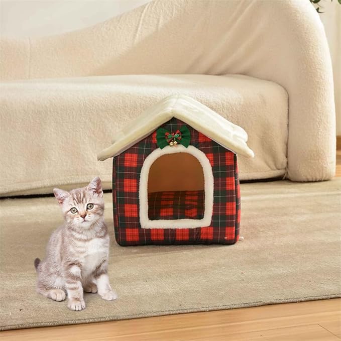 Christmas Cat Bed for Indoor Cats Plaid Christmas Cat Tent Cat Bed Cave for Pets Cats and Dogs (Pink- L (20.5 X 17 X 19.7 Inch))