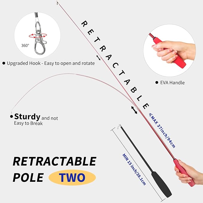 FYNIGO Interactive Cat Kitten Wand Toy Set,2 Retractable Fishing Pole+1 Rainbow Teaser Wand+9 Refills +2 Spare Hook,Funny Cat Feather Toys for Indoor Cats and Kittens to Chase Exercise(14 Pack)