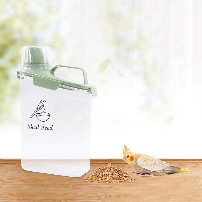 Bird Seed Storage Container,2.8L Airtight Bird Food Container with Handle and Measuring Cup,Portable Pet Food Container for Wild Bird Sunflower Seed-BPA Free Transparent/Green