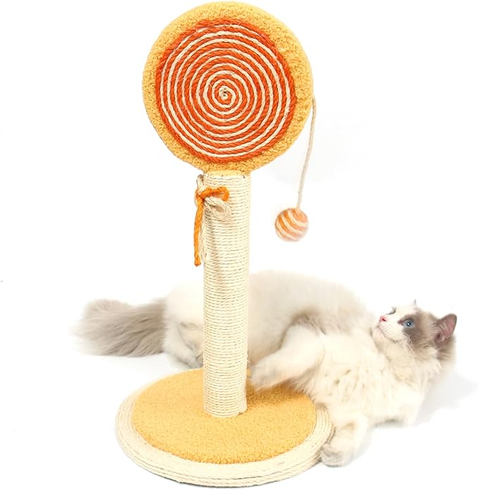 Cat Scratching Post, 22” Cute Kittens Scratch Posts with Hanging Ball, Sturdy Post & Stable Base, Ideal for Indoor Cats, Small & Large Sizes Kitty Available, Orange