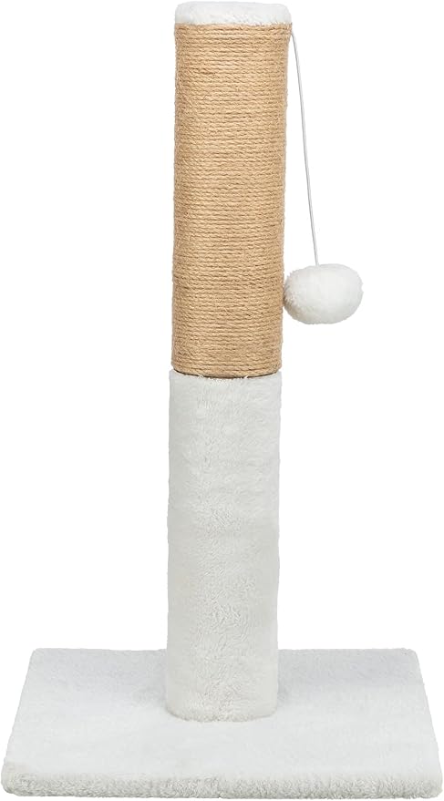 TRIXIE Ella 20.5" Cat Scratching Post, Sisal Cat Scratcher with Hanging Cat Toy, Plush Base, White & Brown