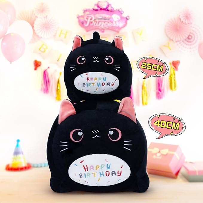 Birthday Cat Plush Pillow Stuffed Animal Toy, Black Birthday Cat Plush Stuffed Animals, Soft Cat Plush Pillow for Kids(Black Cat, 25cm/9.8inch)