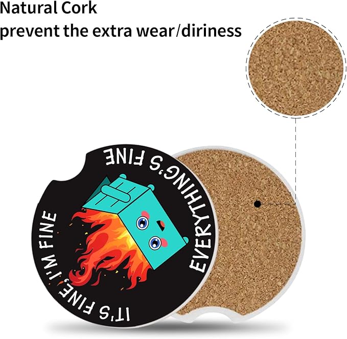 Car Coasters for Drinks Absorbent,2 Pack Cup Holders,2.56" Ceramic Stone & Non-Scratch Cork Base Coasters,Auto Accessories for Women & Men,Fire Dumpster It's Fine I'm FineEvervthing