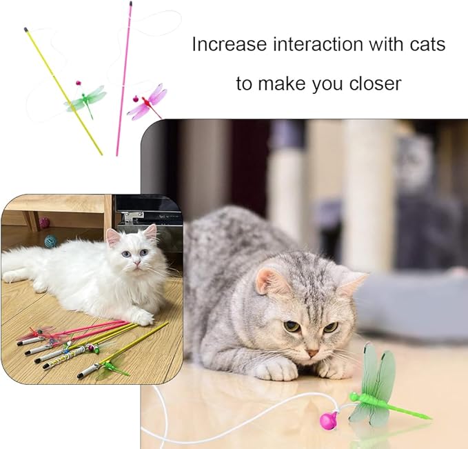 Cat Wand Toys,Interactive Cat Toys for Indoor Cats Adult Kitten,Funny Cat Sticks Pet Interactive Cat Toys with Dragonfly Bell Toys for Kitten Playing(2 Pc)