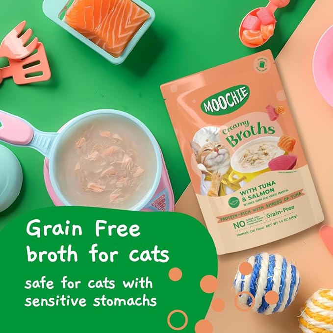 MOOCHIE Grain Free Creamy Broth for Cats - Made with Real Salmon & Tuna - No Artificial Flavors or Preservatives - 16 x 1.4 oz Pouch