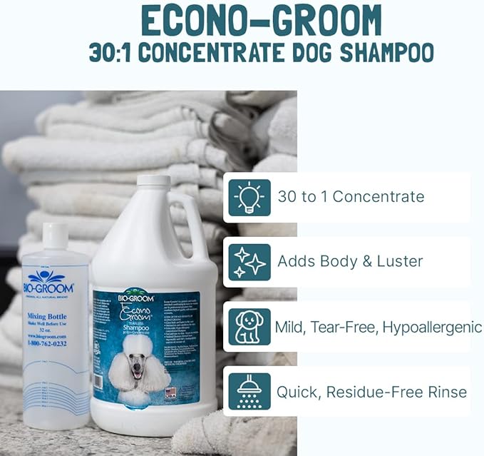 Bio-Groom Econo-Groom Tearless Dog Shampoo Concentrate - Cat & Dog Bathing Supplies, Puppy Shampoo for Gentle Skin, Cruelty-Free, Made in USA, Hypoallergenic, Tear-Free Dog Products - 1 Gallon