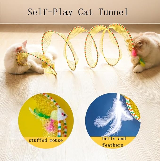 Cat Tunnel for Indoor Cats Folded Cat Tunnel Spring S-Shape Pet Entertainment Toy for Puppy, Kitty, Kitten, Rabbit (1Pack Yellow)
