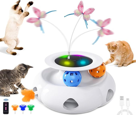 Cat Toys Automatic 3in1 Rechargeable Ambush Feather, Spinning Butterfly, Track Balls, Touch Activated Kitten Toys Interactive Cat Toy for Indoor Cats