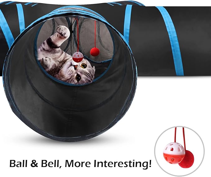 Pawaboo Cat Toys, Collapsible Tunnel Tube with Bells, 25x53cm, Blue