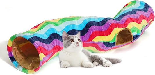 LUCKITTY Cat Tunnel - S-Shaped, Rainbow Wave Color, Soft Velvet Exterior, Oxford Fabric Fog-Proof Interior, Plush Toy Ball, Easily Washable, Conveniently Foldable, 47.2in/120cm