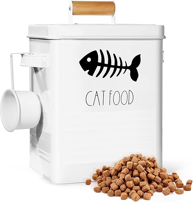 Cat Food Storage Container, Cat Food Container with Metal Lids, Metal Cat Treat Container with Dry Food Scoop, Pet Food Container for Kitchen Counter, Airtight Cat Food Storage Container