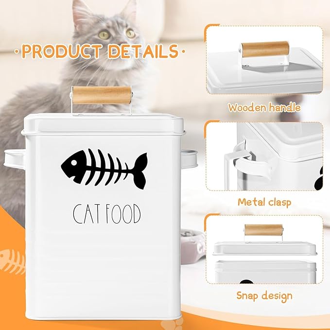 Cat Food Storage Container, Cat Food Container with Metal Lids, Metal Cat Treat Container with Dry Food Scoop, Pet Food Container for Kitchen Counter, Airtight Cat Food Storage Container