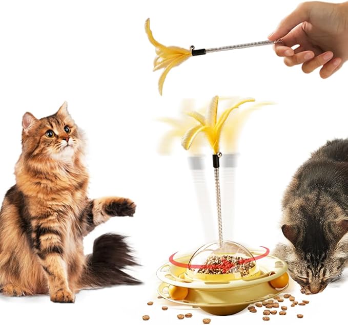 2 in 1 Cat Interactive Toy Roller 3-Level Turntable Cat Toy Cat Slow Feeder Food Dispenser Cat Kitten Wand (Orange-B)