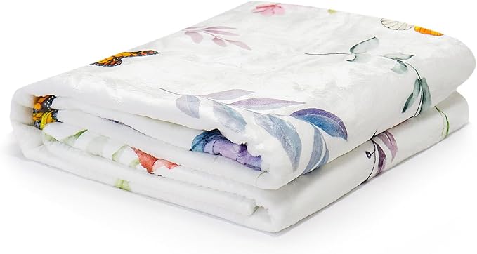 Floral Flower Throw Blanket Botanical Plant Throw Blankets Colorful Flannel Fleece Throw Blankets Watercolor Butterfly Cozy Fuzzy Plush Blanket for Bed Chair Couch 50" X 60"