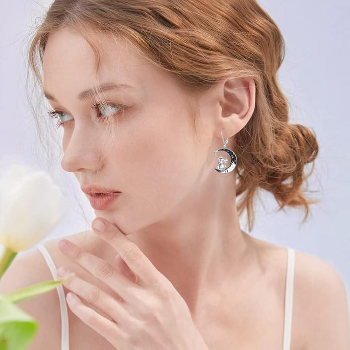 Black Cat/Bat/Spider/Pumpkin/Wolf/Bunny/Sun and Moon/Turtle/Raven 925 Sterling Silver Leverback Dangle Earrings Moon Gothic Christmas Earrings Jewelry Gift for Women