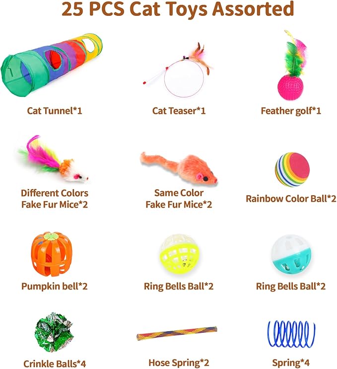 iCAGY Kitten Toys, Cat Toys, 25 Assorted Cat Stuff Toys Pack Including Crinkle Tunnel Ball Wand Teaser Feather Mouse Mice Spring Assortment kit for Cats Kittens Rabbits Puppies Rainbow
