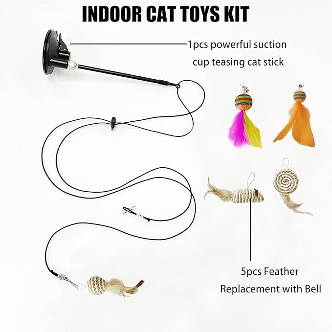 Retractable Hanging Door Cat Toy with Super Suction Cup,Hanging Interactive Cat Feather Toys with 5 Replaceable Feathers,Interactive Door Hanging Teaser cat Toys for Indoor Cats