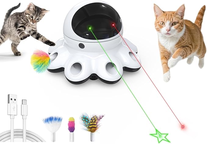 ORSDA Cat Laser Toy, 2-in-1 Green Laser Cat Toys, Automatic Cat Toys for Indoor cat, 8 Holes Mice Whack A Mole Moving Feather, USB Rechargeable Electronic Kitten Toys for All Breeds