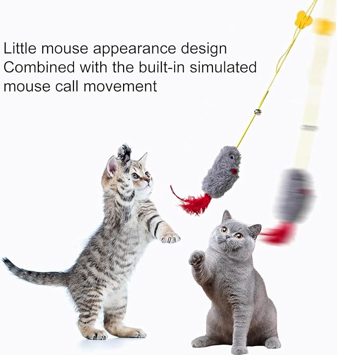 Grey and Red Interactive Cat Toy, Hanging Self-Play Little Mouse Shaped Toys Cat Toy, Built-in Sound, Relieve Boredom, Hanging Squeak Mouse Stretchy Feather Plush Cat Toy Grey