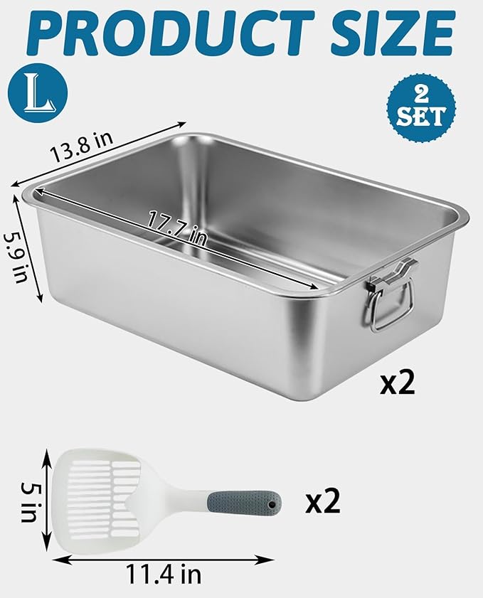 BNOSDM 2 Pack Stainless Steel Litter Box with Handles, (17.7'' x 14'' x 6'') Open Metal Cat Litter Pan with Scoop Rustproof Smooth Cats Toilet Potty Kit for Cat Kitten