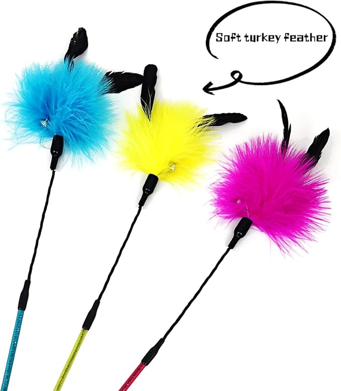 IUHKBH Cat Feather Wands, 3 Colors Interactive Cat Toys Cat Teaser Wands with Soft Turkey Feather and Bell for Cats and Kitties