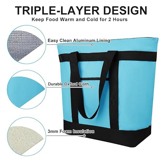 2Pk Insulated Reusable Tote Bag for Grocery Shopping for Women/Men, Pizza/Food Delivery Bag to Keep Food Cold/Hot for Uber Eats/Doordash/Grubub, Cooler bags for Travel/Beach/Picnic, Blue