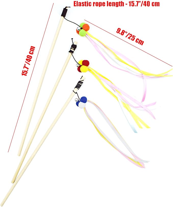 IUHKBH Cat Wand Toys, 3 PCS Interactive Cat Toys Wooden Handle Cat Teaser Toys with Bell, Ribbon and Pom Poms Sturdy Cat Sticks