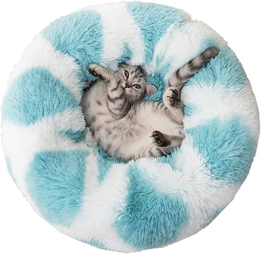 Cat Beds for Indoor Cats, Dog Bed, Cat Bed, Machine Washable, Fluffy Round Pet Bed Non-Slip, Autumn and Winter Warmth, Cuddler Cushion Self Warming (Plaid Sky Blue, 30 inch)