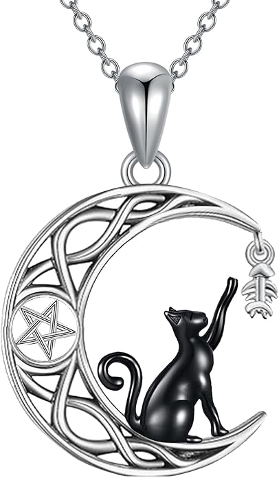 Black Cat/Dragon/Fox/Wolf Necklace 925 Sterling Silver Celtic Moon Pentagram Pendant Gothic Jewelry Goth Halloween Gifts for Women