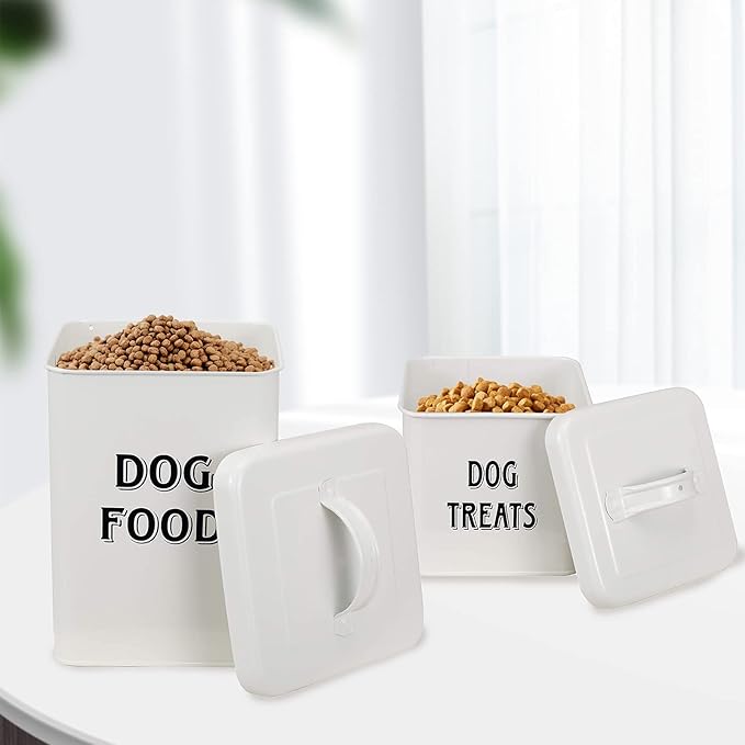Pethiy Dog Food and Treats Containers Set with Scoop for Dogs-Vintage White Powder-Coated Carbon Steel - Tight Fitting Lids - Storage Canister Tins Small-White