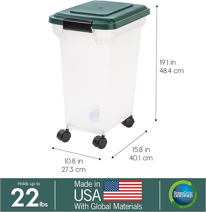 Remington WeatherPro Airtight Dog Food Storage Container, Up to 22 lbs, Attachable Wheels, For Dog Cat Bird and Other Pet Food Storage Bin, Keep Fresh, Translucent Body, Green