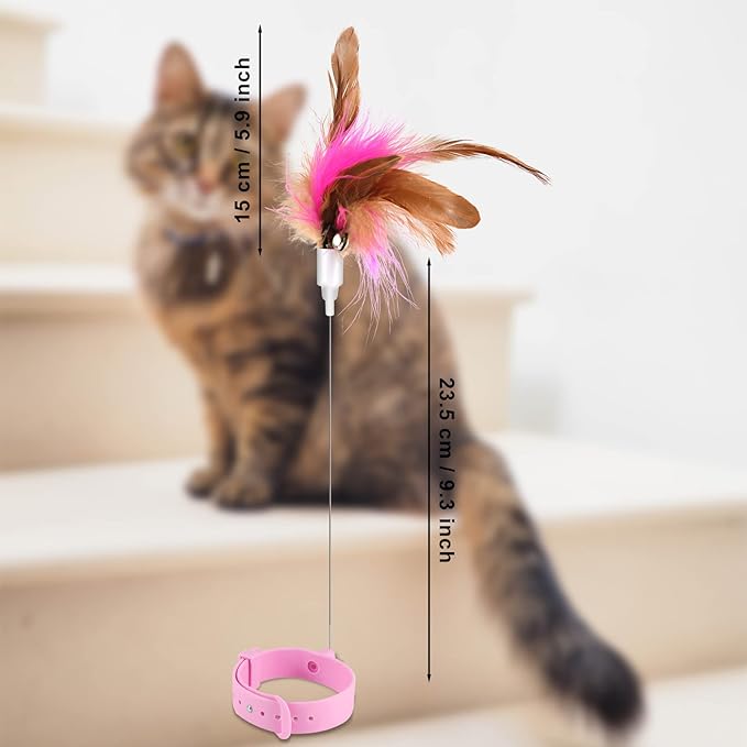 Cat Teaser Wand Toy, Cat Teasing Wand Collar Silicone Adjustable Cat Wand Toy Feather with Bell Cat Interactive Teaser Toys for Indoor Cat Kittens Playing Exercise (Pink)