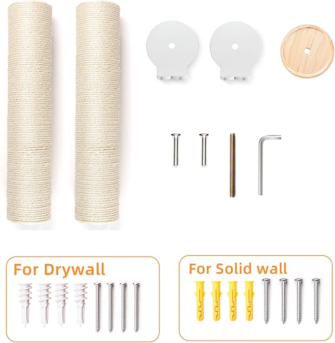 Tall Sisal Rope Cat Scratching Post, Wall Mount 2 Ties Cat Pole - Vertical Cat Wall Scratcher, Cat Wall Furniture