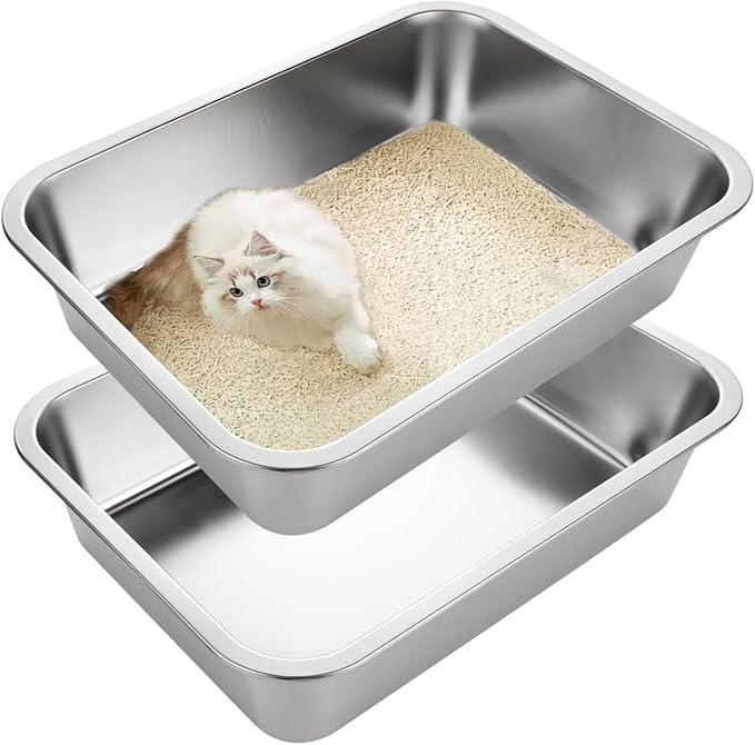 2PCS 4" Height Stainless Steel Cat Litter Box, Metal Litter Pan, for Elderly Cats, Arthritic Cats, Small Kittens, Litter Pan for Hamsters Rabbits, Non Stick Smooth Surface