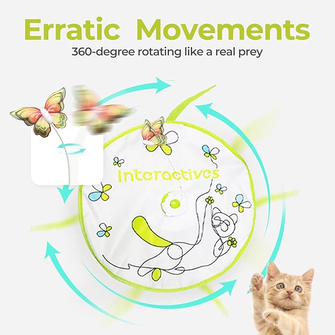 ALL FOR PAWS 2 in 1 Cat Toys Hide-N-Seek Cat Wand Toy Automatic Kitten Flutter Toy with Butterfly Spinner, Cat Moving Feather Toy for Indoor Cats