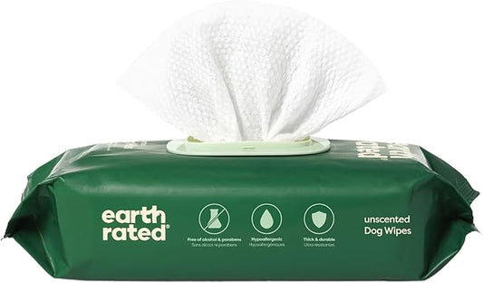 Earth Rated Hypoallergenic Pet Wipes for Dogs & Cats, Cleaning and Odor-Controlling Grooming for Paws, Body, and Butt, Unscented, 100 Count