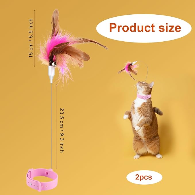 2pcs Cat Teaser Wand Toy, Cat Teasing Wand Collar Silicone Adjustable Cat Wand Toy Feather with Bell Cat Interactive Teaser Toys for Indoor Cat Kittens Playing Exercise (Pink)