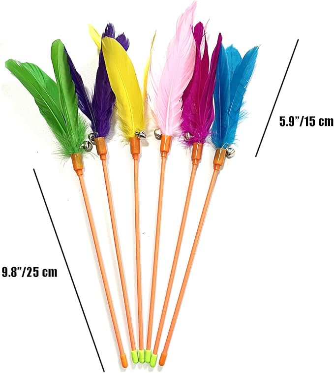 Cat Wands, 6 PCS Colorful Feather Cat Teaser Toys Interactive Cat Feathers Wand with Bell for Cat and Kitten