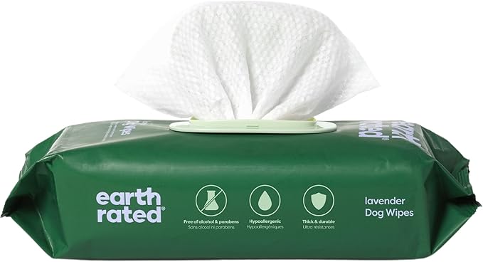 Earth Rated Hypoallergenic Dog Wipes, Cleaning and Odor-Controlling Grooming for Paws, Body, and Butt, Perfect for Puppy and Adult Dogs, Lavender Scent, 100 Count