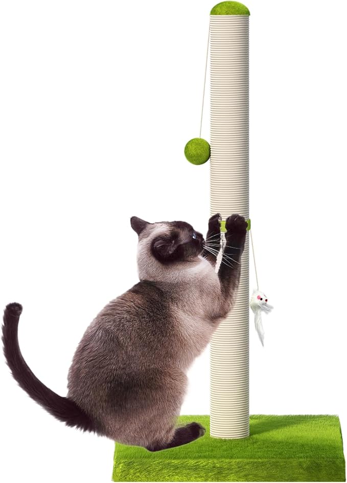 MeowHomm 32” Tall Cat Scratching Posts for Indoor Cats Adults with 2 Hanging Ball, Large Cat Scratch Post Cat Scratcher Includes Sisal Rope