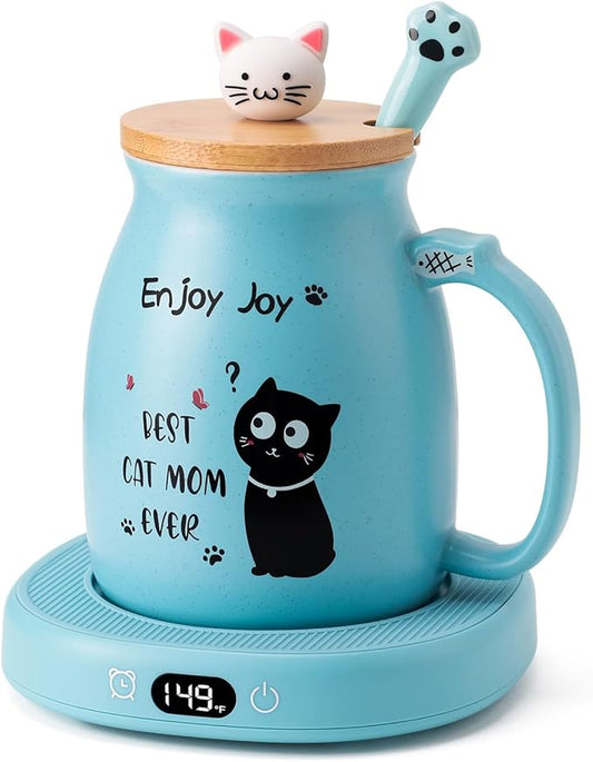Bsigo Coffee Mug Warmer & Best CAT MOM Ever Mug Set, Tea Cup Warmer for Desk Candle Melter Wamer Beverage Coffee Warmer with 3 Temp Settings, 8H Auto Shut Off, Mom Mother Birthday Womens Mothers Day