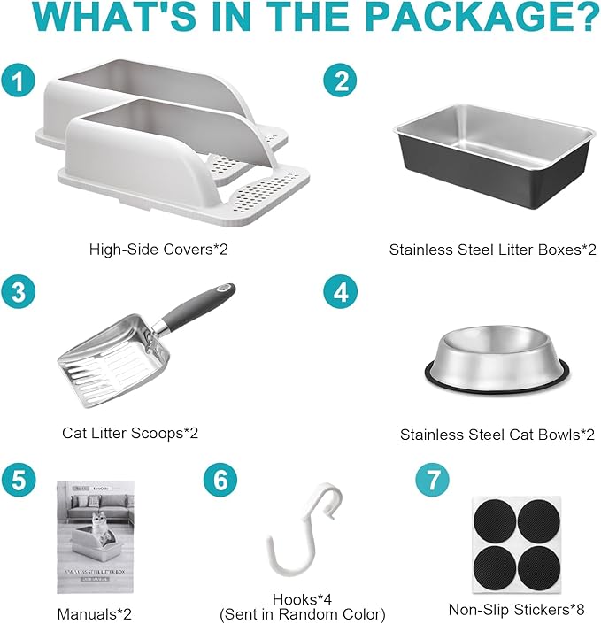 2 Pack Extra Large Stainless Steel Cat Litter Box with Lid, High Sided Metal Litter Box for Big Cats, Hooded Large Jumbo Litter Pan Tray with High Wall Enclosure with Scoop (Black Coated)