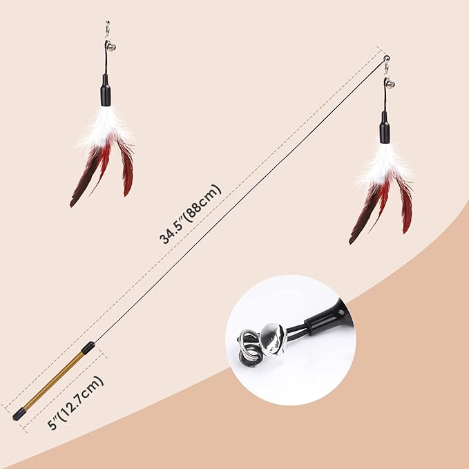 Pawaboo Feather Teaser Cat Toy, Interactive Feather Wand Cat Toy Flying Feather Cat Catcher with Extra Long 34.5" Wand and Small Bell, Exerciser Playing Toy for kitten or cat, Wine Red & White Feather