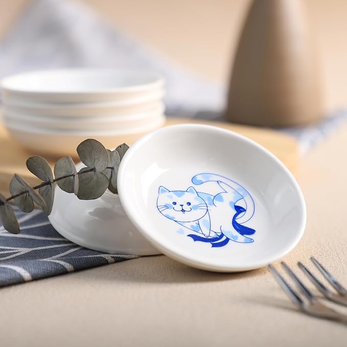 Blue and White Porcelain Vintage Cats Pattern Dessert Plates, Appetizer Plates, Snack Plates Set, Seasoning Dishes, Side Dishes, Saucer Dipping Bowls, 6 PCS-Blue Cats-3.5 Inch