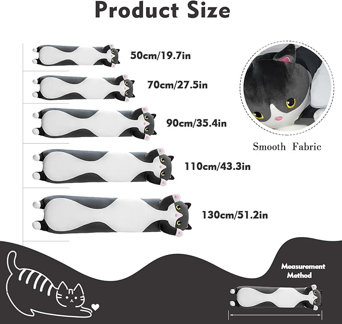 Long Cat Plush Pillow, 43.3in Cute Black Cat Plushie Stuffed Animals Body Pillow, Kawaii Kitten Soft Plushie Doll Toy Birthday Gift for Kids Girlfriend