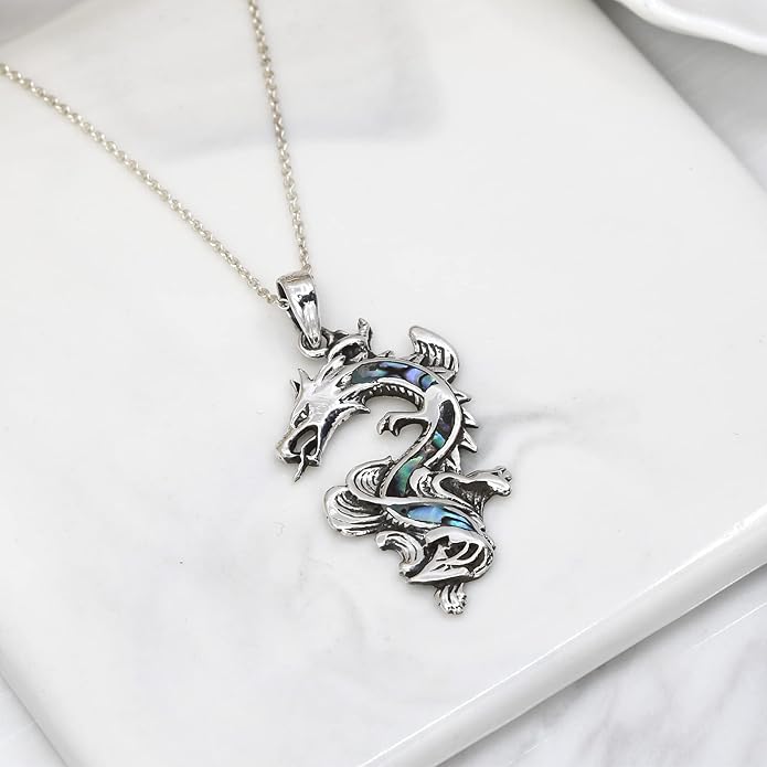 AeraVida Legendary Chinese Dragon Charm Stone Inlaid Accent .925 Sterling Silver Pendant on 18-inch Chain Necklace | Dragon Jewelry Necklace Accessory for Men Women Unisex