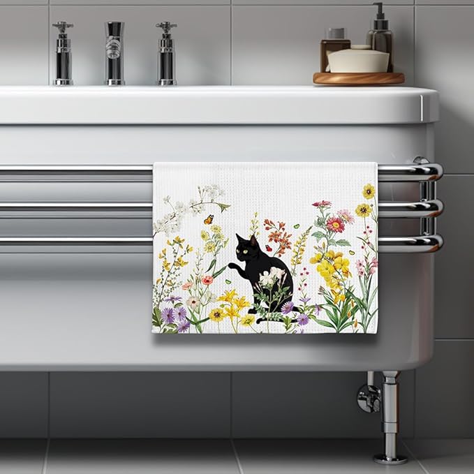 Cat Towel,Floral Kitchen Towels,Cat Kitchen Towels,Cat Dish Towels,Cat Hand Towel,Funny Kitchen Towels,Black Cat Gifts for Women,Cat Kitchen Accessories,Cat Lady Gifts,Gifts for Cat Lovers for Women